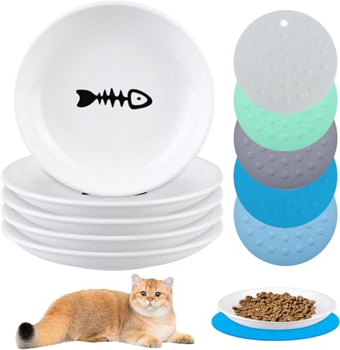 Katzennapf Aus Keramik, 5 Pcs Katzenfutterteller Aus Keramik, Futternapf Katzen, Katzennäpfe Keramik Napf Mit Rutschfester Matte Fressnapf Katze Nassfutternäpfe Für Katzen Flache Schalen Für Kätzchen von MEYAGOT