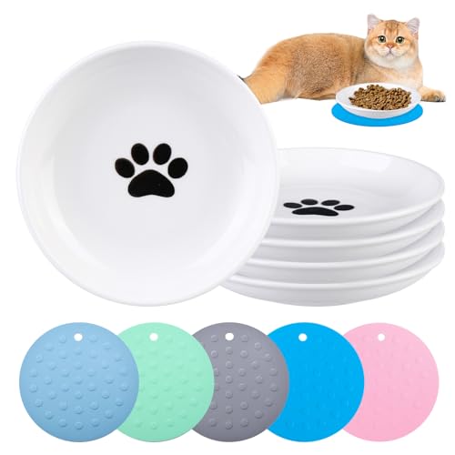 MEYAGOT 5er Set Katzennapf Keramik, Futternapf Katzen, Katzennäpfe Fressnapf Katze Katzen Futternapf Keramik Katzenfutter Napf Katzenschüssel Flache Katzenteller Mit Rutschfester Matte von MEYAGOT