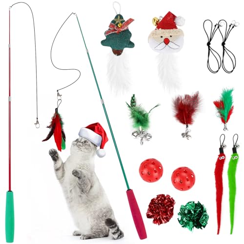 MEYDLL 16 Stück Katzenspielzeug, Weihnachten Katzenspielzeug, Interaktives Katzenspielzeug, Katzenangel, Katzenspielzeug für Weihnachten, Federspielzeug für Katzen, Geschenk für Katzen von MEYDLL