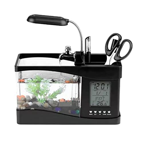 Aquarium Fischtank Neu Desktop USB Aquarium Mit LED Licht LCD Display Bildschirm und Uhr Schwarz/Weiß Fisch Tank Tisch Dekor(Black) von MEYINGOU