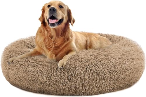 MFOX Beruhigendes Hundebett Katzenbett Donut, Kunstfell, Donut-Kuschelbett, waschbar, selbstwärmend, großes rundes Plüsch-Hundebett für kleine/mittelgroße Hunde (60 cm/80 cm/90 cm/110 cm) von MFOX