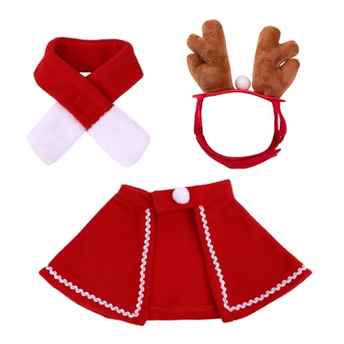 MFUOE 3-teiliges Weihnachtskostüm-Outfit für Haustiere, niedliches Rentier-Stirnband, roter Umhang, Schal, kleine Katzen, Hunde, Cosplay-Kleidung, Zubehör für Urlaub, Party, Dekoration von MFUOE