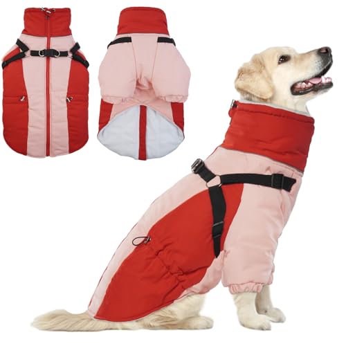 Hundemantel Winter,Warme Hundejacke mit Beinen,Wintermantel Hund mit Reißverschluss und Reflektierender Streifen,Hunde Warm Winterweste,Hund Warm Kleidung für kleine Mittel und Große Hunde(2XL, Rot) von MHaustlie