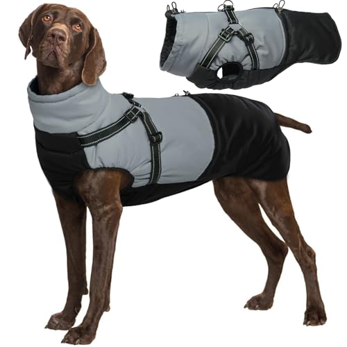 MHaustlie 3XL Warme Hundemäntel Große Hunde Winterkleidung mit Geschirrweste Outdoor Hundejacke für große Rassen Warmer Hundemantel & Jacken Winddichter Hundeschneeanzug für große Hunde (Schwarz, 3XL) von MHaustlie