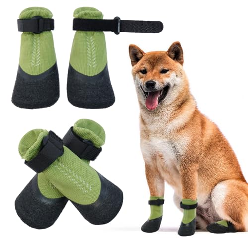 MHaustlie Anti-Rutsch Socken für Hunde, Pfotenschutz für Hunde mit Verstellbaren, Abnehmbaren Befestigungsbändern, Schützende Hundesocken für Drinnen und Draußen(L, Grün) von MHaustlie
