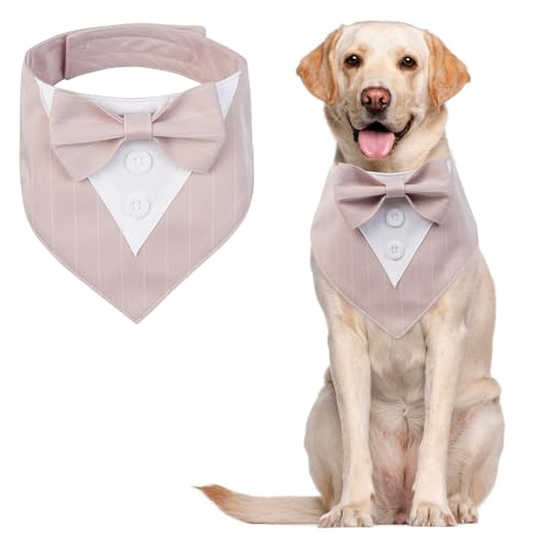 MHaustlie Dog Bandana Dog Formal Tuxedo Bandana Dog Wedding Bandana Adjustable Dog Neckerchief with Bow Tie Formal Tux Dog Bandana Dog Bowtie Bandana for Small Medium Large Dogs (L, Pinkstripe) von MHaustlie