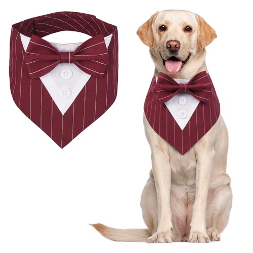 MHaustlie Dog Bandana Dog Formal Tuxedo Bandana Dog Wedding Bandana Adjustable Dog Neckerchief with Bow Tie Formal Tux Dog Bandana Dog Bowtie Bandana for Small Medium Large Dogs (L, Redstripe) von MHaustlie