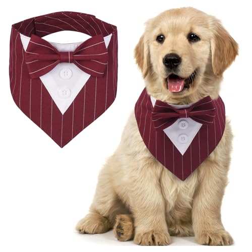 MHaustlie Dog Bandana Dog Formal Tuxedo Bandana Dog Wedding Bandana Adjustable Dog Neckerchief with Bow Tie Formal Tux Dog Bandana Dog Bowtie Bandana for Small Medium Large Dogs (S, Redstripe) von MHaustlie