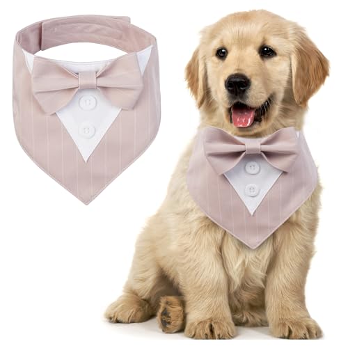 MHaustlie Dog Bandana Dog Formal Tuxedo Bandana Dog Wedding Bandana Adjustable Dog Neckerchief with Bow Tie Formal Tux Dog Bandana Dog Bowtie Bandana for Small Medium Large Dogs (XS, Pinkstripe) von MHaustlie