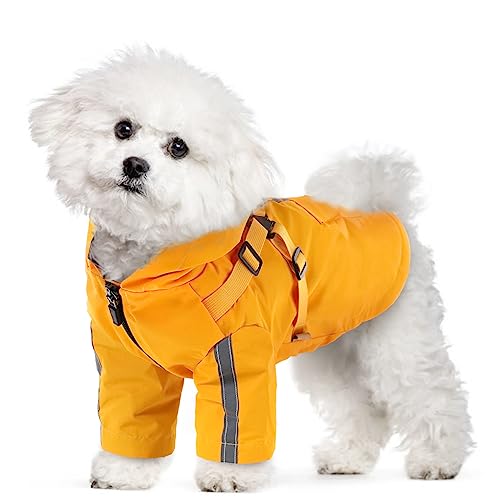 MHaustlie Hunde Regenjacke Kleine Hunde, Regenmantel Hunde Gelb, Hunde Regenmantel-Set mit Reflexstreifen und Reißverschlüssen, Regenmantel Hund Wasserdicht für Mittelgroße Hunde (L, Gelb) von MHaustlie