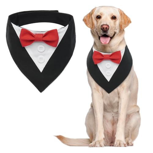 MHaustlie Hunde Smoking Bandana, Formale Haustier Smoking Fliege, Formale Feste Hundehalstuch, Verstellbar Haustier Anzug Fliege Bandana für Hochzeit Geburtstag Halloween Weihnachten(L, RotSchwarz) von MHaustlie