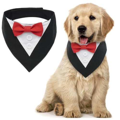 MHaustlie Hunde Smoking Bandana, Formale Haustier Smoking Fliege, Formale Feste Hundehalstuch, Verstellbar Haustier Anzug Fliege Bandana für Hochzeit Geburtstag Halloween Weihnachten(S, RotSchwarz) von MHaustlie