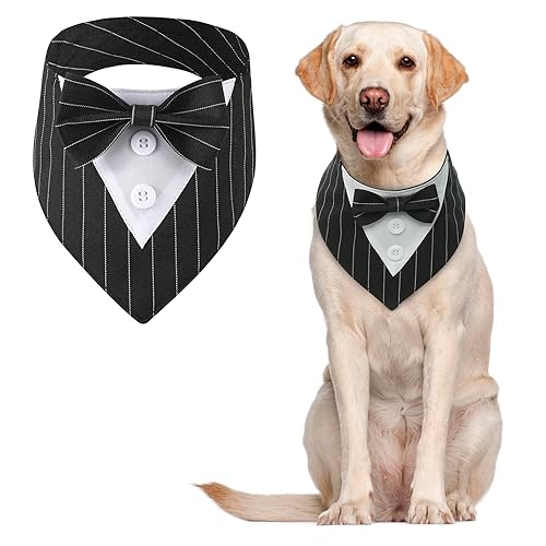 MHaustlie Hunde Smoking Bandana, Haustier Dreieck Schal, Formale Hochzeit Party Hundehalstuch, Verstellbar Krawatte Haustier Anzug Fliege Bandana für Hochzeit Geburtstag(M, SchwarzerStreifen) von MHaustlie