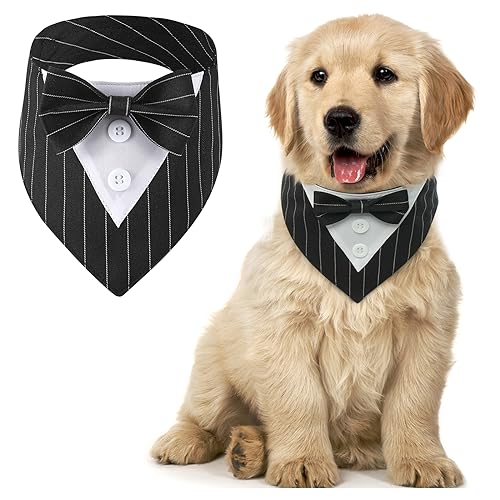 MHaustlie Hunde Smoking Bandana, Haustier Dreieck Schal, Formale Hochzeit Party Hundehalstuch, Verstellbar Krawatte Haustier Anzug Fliege Bandana für Hochzeit Geburtstag(S, SchwarzerStreifen) von MHaustlie