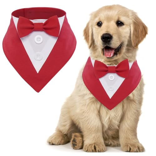 MHaustlie Hunde Smoking Bandana, Haustier Dreieck Schal, Formale Hochzeit Party Hundehalstuch, Verstellbar Krawatte Haustier Anzug Fliege Bandana für Hochzeit Geburtstag (S, Rot) von MHaustlie