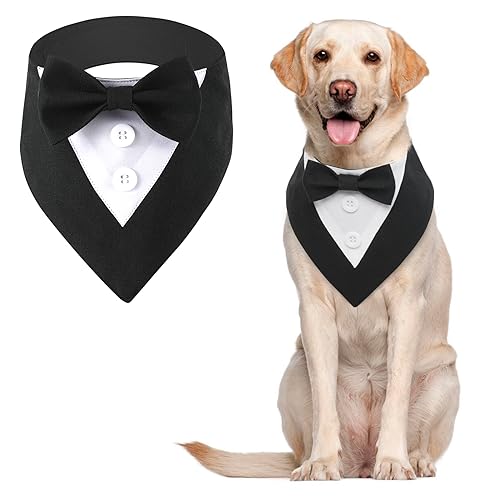 MHaustlie Hunde Smoking Bandana,Kopftücher für Hunde,Haustier Dreieck Schal,Formale Hochzeit Party Hundehalstuch,Verstellbar Krawatte Haustier Anzug Fliege Bandana für Hochzeit Geburtstag(L,Schwarz) von MHaustlie