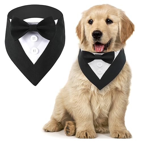 MHaustlie Hunde Smoking Bandana,Kopftücher für Hunde,Haustier Dreieck Schal,Formale Hochzeit Party Hundehalstuch,Verstellbar Krawatte Haustier Anzug Fliege Bandana für Hochzeit Geburtstag(XS,Schwarz) von MHaustlie