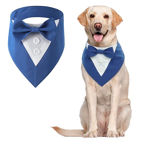 MHaustlie Hunde Smoking Bandana,Kopftücher für Hunde,Haustier Dreieck Schal,Formale Hochzeit Party Hundehalstuch,Verstellbar Krawatte Haustier Anzug Fliege Bandana für Hochzeit Geburtstag(L,Blau) von MHaustlie