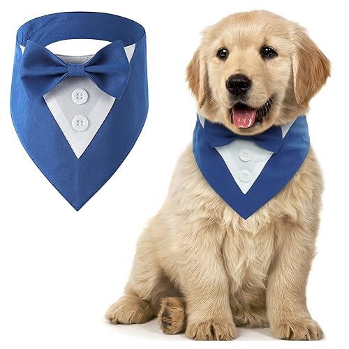 MHaustlie Hunde Smoking Bandana,Kopftücher für Hunde,Haustier Dreieck Schal,Formale Hochzeit Party Hundehalstuch,Verstellbar Krawatte Haustier Anzug Fliege Bandana für Hochzeit Geburtstag(S,Blau) von MHaustlie