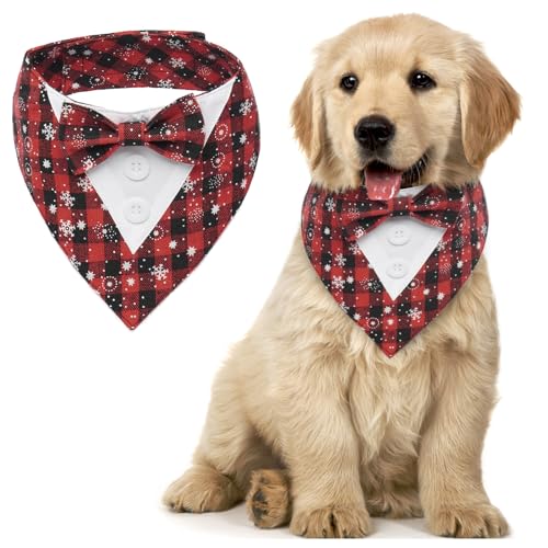 MHaustlie Hundehalstuch Weihnachten, Hunde Smoking Bandana, Formale Haustier Smoking Fliege, Verstellbar Haustier Anzug Fliege Bandana für Hochzeit Geburtstag Halloween Weihnachten(S, Schneeflocken) von MHaustlie