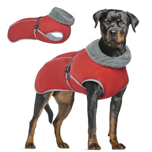 2XL Hundemantel, Winterjacke für große Hunderassen, Warmer Hundemantel, reflektierende Hundeweste mit Geschirr, wasserdichte Winterkleidung für Hunde, große Hundejacke, Outdoor-Hundemantel (Rot, 2XL) von MHaustlie