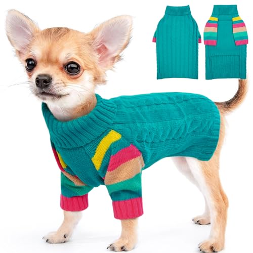 MHaustlie Hundepullover für Kleine Hunde, Winter Warmer Hund Katze Pullover Kleidung, Hunde Classic Rollkragen Strickpullover, Haustiermantel für Kleine Hunde Teddy, Chihuahua, Yorkie(S, Grün) von MHaustlie