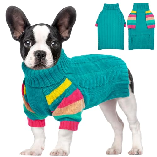 MHaustlie Hundepullover Französische Bulldogge, Winter Klassischer Rollkragen Hundepullover, Warmer Winter Hundepullover für Große Hunde Mops, Boston Terrier, Brustumfang 53cm/20.8in (BlauGrün, L) von MHaustlie