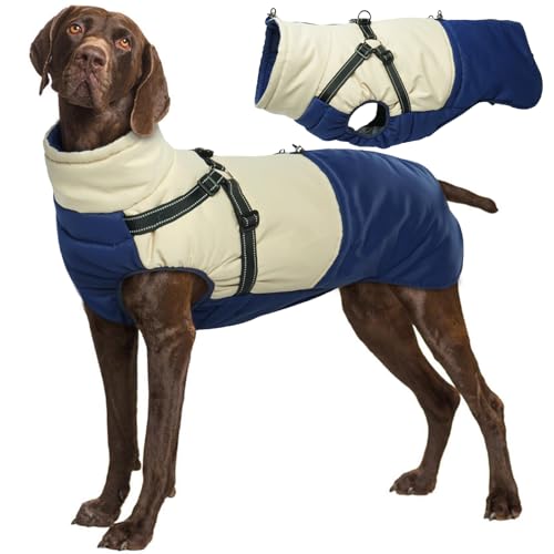 MHaustlie Warmes Hundewintermantel wasserdichte Hundefleecejacke mit Harness-Geschirr und Zugriemen Reflektierender Hundewinterjacke Warme Hundekleidung für große Hunde von MHaustlie