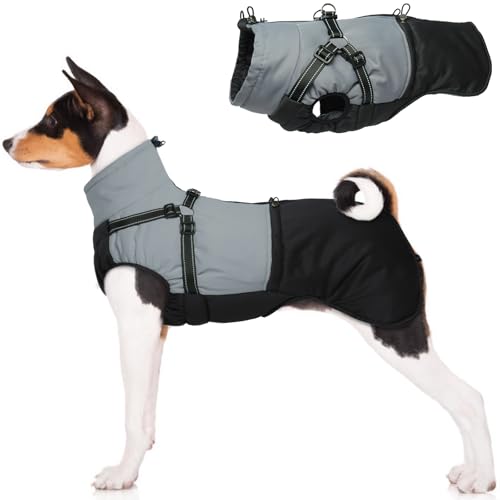 MHaustlie Warmes Hundewintermantel wasserdichte Hundefleecejacke mit Harness-Geschirr und Zugriemen Reflektierender Hundewinterjacke Warme Hundekleidung für große Hunde von MHaustlie