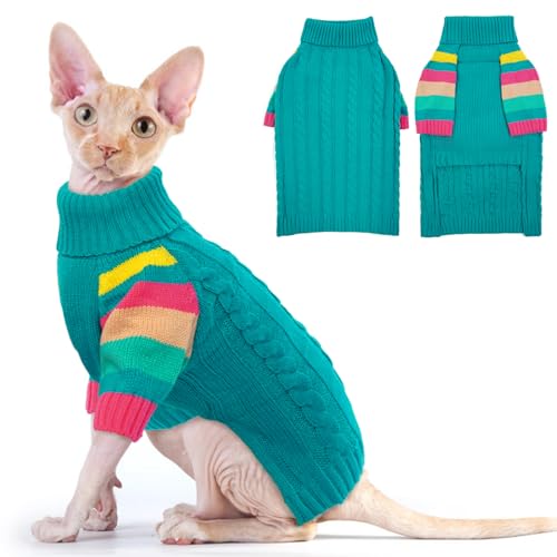 MHaustlie Welpenpullover XS, Katzenpullover für kleine Katzen, Haarlose Katze Kleidung, Winter Warmer Katzenpullover, Pullover für Haarlose Katze, Brustumfang 30cm/11.8in (BlauGrün, XS) von MHaustlie