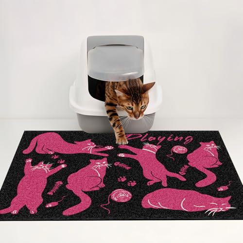 MIAOWSSS Niedliche Katzenstreu-Fangmatte, fängt Unordnung von Katzentoilette und Futternapf auf, leicht zu reinigen, rutschfest, Haustierzubehör, Spielkatze (Schwarz und Rosa), 71,1 x 129,9 cm von MIAOWSSS