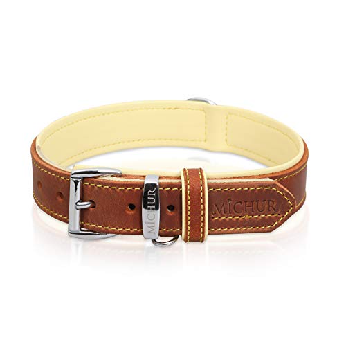 MICHUR Charly Hundehalsband Leder Braun Gelb, Lederhalsband Hund, Halsband, Leder, in verschiedenen Größen erhältlich von MICHUR OUR WORLD OF PETS FINEST