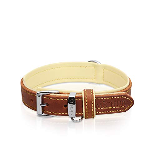 MICHUR Charly Hundehalsband Leder Braun Gelb, Lederhalsband Hund, Halsband, Leder, in verschiedenen Größen erhältlich von MICHUR OUR WORLD OF PETS FINEST