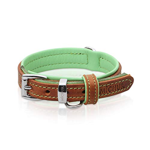 MICHUR Charly Hundehalsband Leder Braun Grün, Lederhalsband Hund, Halsband, Leder, in verschiedenen Größen erhältlich von MICHUR OUR WORLD OF PETS FINEST