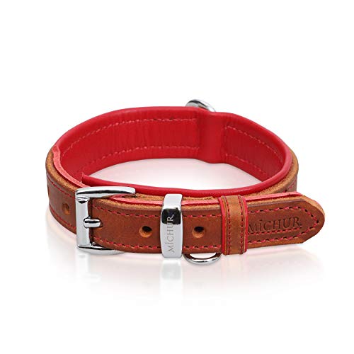 MICHUR Charly Hundehalsband Leder Braun Rot, Lederhalsband Hund, Halsband, Leder, in verschiedenen Größen erhältlich von MICHUR OUR WORLD OF PETS FINEST