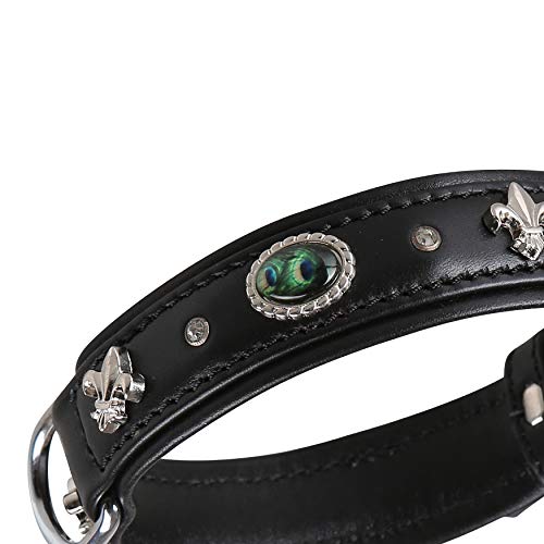 MICHUR EL Pavo Hundehalsband Leder, Lederhalsband Hund, Halsband, Schwarz, Leder, mit Lilien, Strasssteinen und grossem Pfauenauge, in verschiedenen Größen erhältlich von MICHUR OUR WORLD OF PETS FINEST