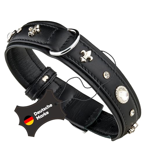 MICHUR Gala Hundehalsband Leder, Lederhalsband Hund, Halsband, Schwarz, Leder, mit Lilien,Strasssteinen und großem Kristall, in verschiedenen Größen erhältlich von MICHUR OUR WORLD OF PETS FINEST