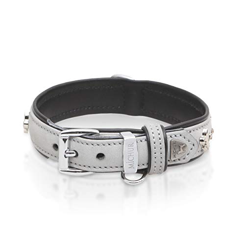 MICHUR Leon Hundehalsband Leder, Lederhalsband Hund, Halsband, Grau-Schwarz, Leder, mit Lilien, Strasssteinen und Löwenkopfapplikation, in verschiedenen Größen erhältlich von MICHUR OUR WORLD OF PETS FINEST