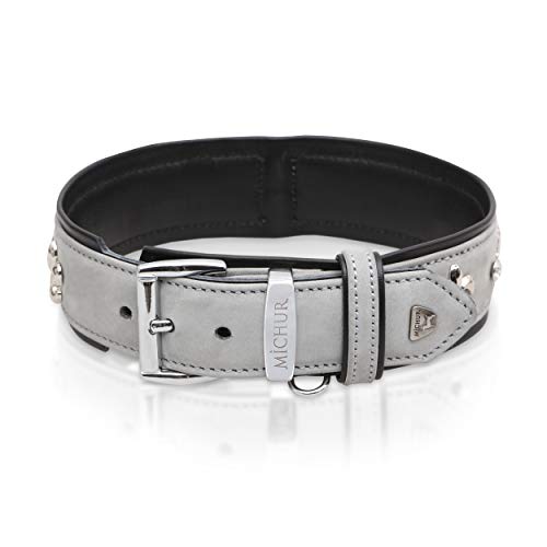 MICHUR Leon Hundehalsband Leder, Lederhalsband Hund, Halsband, Grau-Schwarz, Leder, mit Lilien, Strasssteinen und Löwenkopfapplikation, in verschiedenen Größen erhältlich von MICHUR OUR WORLD OF PETS FINEST