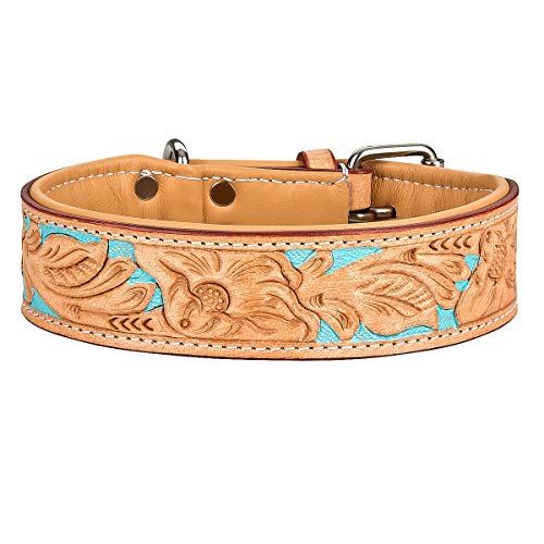 MICHUR Mariano Hundehalsband Leder, Lederhalsband Hund, Halsband, Beige Blau Braun, Leder, mit gestanzten blumigen Mustern, Halsumfang 56-63,5cm / Gesamtlänge 70cm von MICHUR OUR WORLD OF PETS FINEST