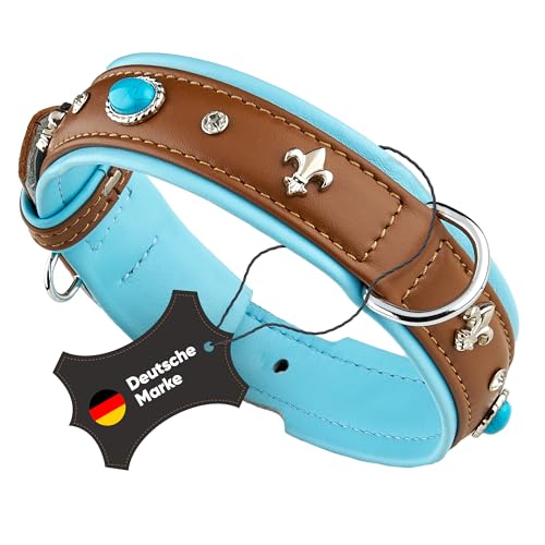 MICHUR Nizza Lagune Hundehalsband Leder, Lederhalsband Hund, Halsband, Braun Blau, Leder, mit Lilien,Strasssteinen und großem Kristall, in verschiedenen Größen erhältlich von MICHUR OUR WORLD OF PETS FINEST