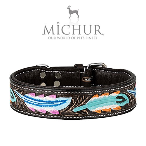 MICHUR Pietro Braun Schwarz mit Feder Muster, Hundehalsband Leder, Lederhalsband Hund, Halsband, Leder, in verschiedenen Größen erhältlich von MICHUR OUR WORLD OF PETS FINEST