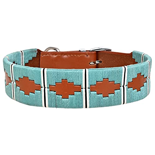 MICHUR Pippa Braun Blau Türkis Baumwollgarn Hundehalsband Leder, Lederhalsband Hund, Halsband, Leder, mit Garn Applikationen,in verschiedenen Größen erhältlich und passender Hundeleine von MICHUR OUR WORLD OF PETS FINEST