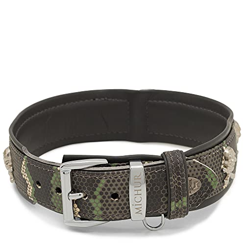 MICHUR Skully Camouflage camo Hundehalsband Leder, Lederhalsband Hund, Halsband, Schwarz Grün, Leder, mit Totenkopf Nieten, in verschiedenen Größen erhältlich von MICHUR OUR WORLD OF PETS FINEST