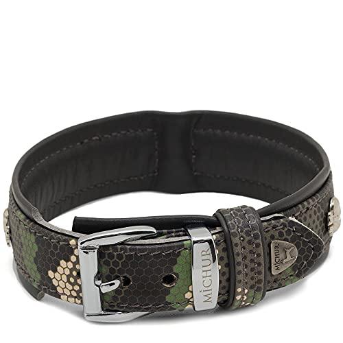 MICHUR Skully Camouflage camo Hundehalsband Leder, Lederhalsband Hund, Halsband, Schwarz Grün, Leder, mit Totenkopf Nieten, in verschiedenen Größen erhältlich von MICHUR OUR WORLD OF PETS FINEST