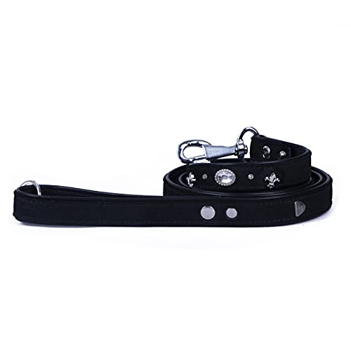 MICHUR Velvet Leine, Hundeleine Leder, Lederleine Hund, PASSEND ZUM Halsband Velvet, Schwarz, Leder, mit Lilien, Strasssteinen und großem Kristall von MICHUR OUR WORLD OF PETS FINEST