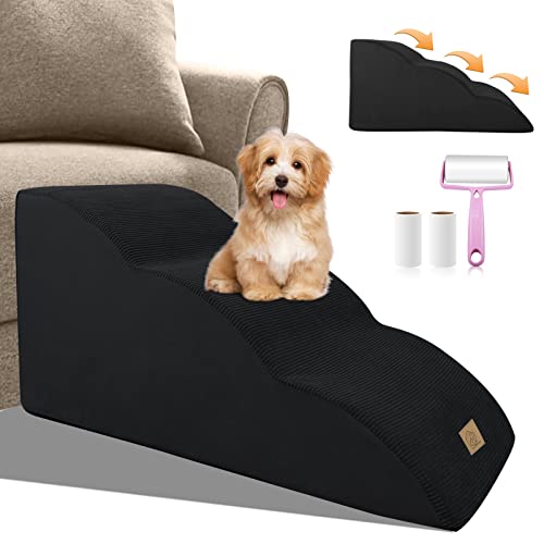 Hundetreppe für Hochbett Sofa, 3-stufige sanfte Neigung Haustier Schaumstofftreppe, Fusselroller-Set, schwarz von MIDOUAUTOUK