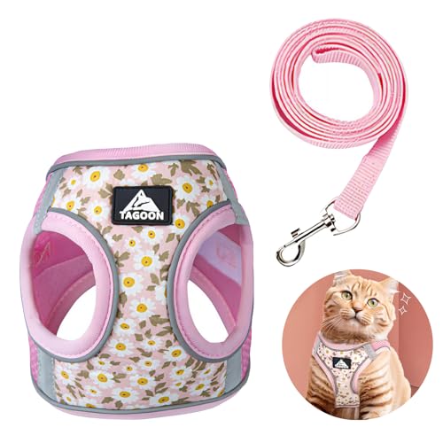 Katzengeschirr mit Leine Ausbruchsicher Daisy Print Verstellbar Weich Kätzchenweste Reflektierenden Streifen atmungsaktiv weichem Netzstoff für Mittlere und Kleine Hunde Katzen M (Rosa) von MIGIFTDY