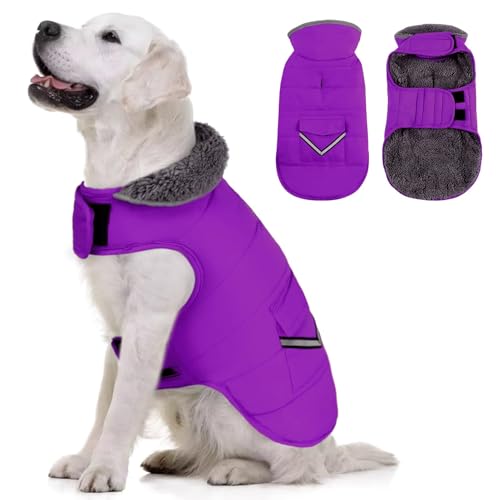 MIGOHI Warmer Hundemantel, Winter-Hundejacke für kaltes Wetter, reflektierende, winddichte Hunde-Fleece-Weste, dicke Hundebekleidung mit Leinenloch und pelzigem Halsband für Welpen, Lila, XXXL von MIGOHI