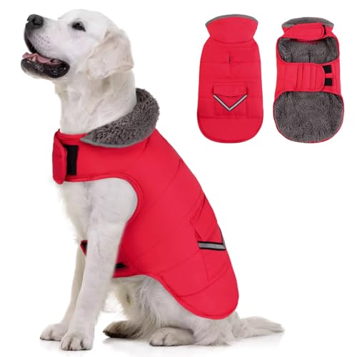 MIGOHI Warmer Hundemantel, Winter-Hundejacke für kaltes Wetter, reflektierende, winddichte Hunde-Fleece-Weste, dicke Hundebekleidung mit Leinenloch und pelzigem Halsband für Welpen, kleine, mittelgroße und große Hunde, rot, M von MIGOHI